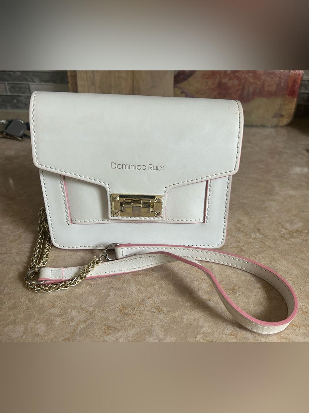 Dominico Rubi Italian Leather White Crossbody Bag with Pink Trim